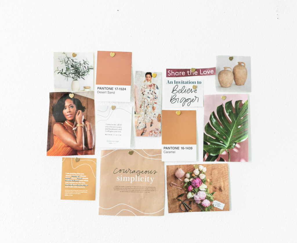 Shades of brown, orange, and green moodboard pictures and quotes for a business brand with golden heart shaped pins